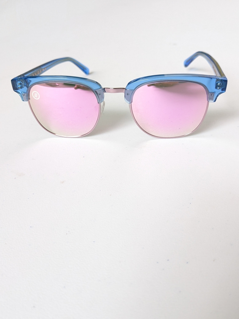 Blue Frame Sunglasses with Pink Mirrored Lenses
